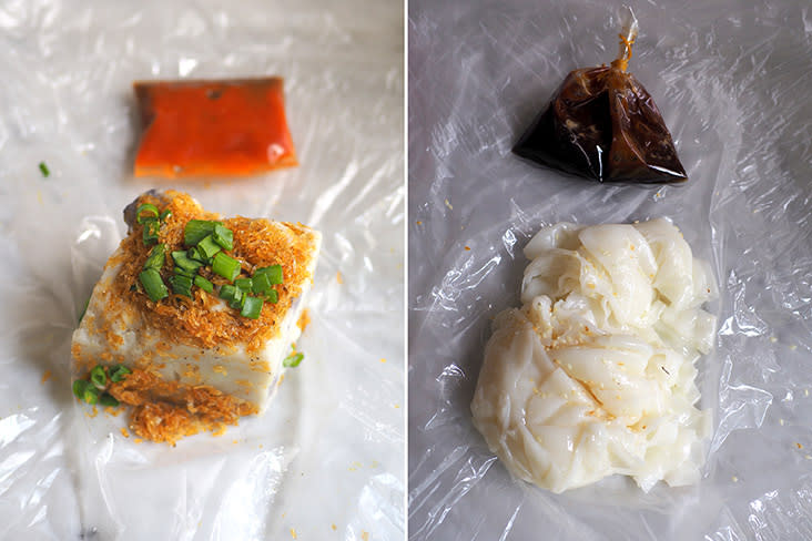 The yam cake here tends to be the firm type (left). The 'chee cheong fun' is unrolled so you get to eat each sheet's texture (right)