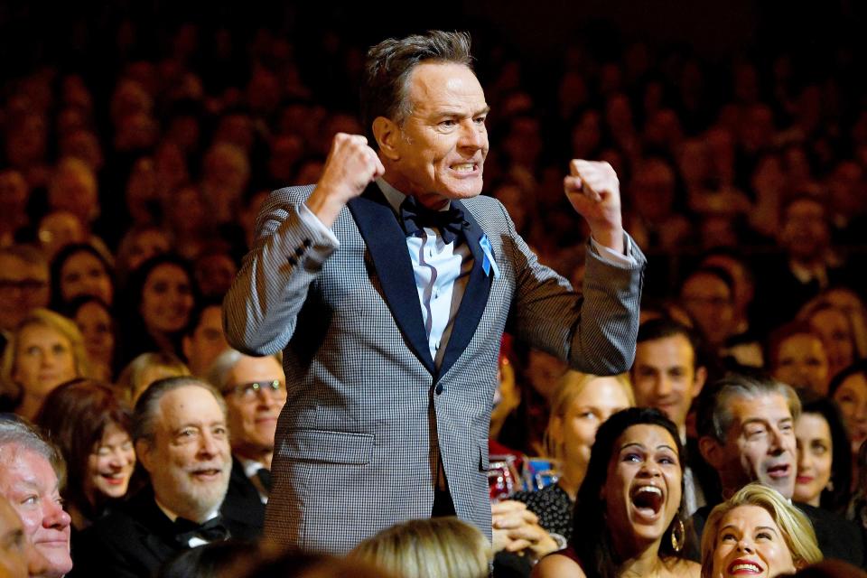 <em>Network</em> star Bryan Cranston — winner of the award for lead actor in a play — gets goofy during the opening number at the 73rd Annual Tony Awards on Sunday in N.Y.C.