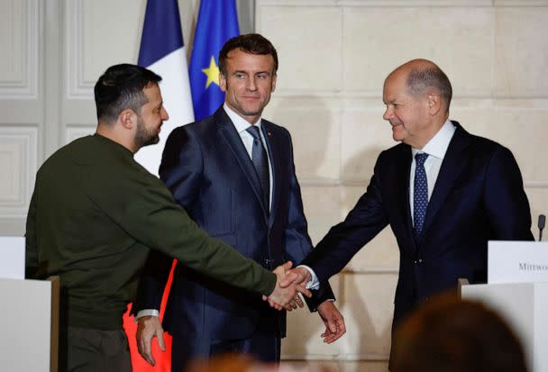 PHOTO: French President Emmanuel Macron, center, Ukrainian President Volodymyr Zelenskyy, left, and German Chancellor Olaf Scholz, attend a joint press conference at the Elysee Palace, Wednesday, Feb. 8, 2023 in Paris. (Sarah Meyssonnier/AP)