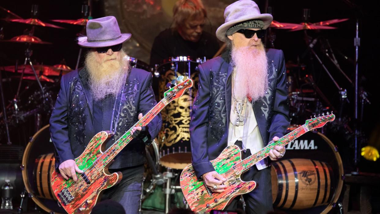 Mandatory Credit: Photo by Brandon Nagy/Shutterstock (10405941x)ZZ Top - Dusty Hill, Frank Beard, Billy Gibbons,ZZ Top in concert at Michigan Lottery Amphitheatre, Sterling Heights, USA - 08 Sep 2019.