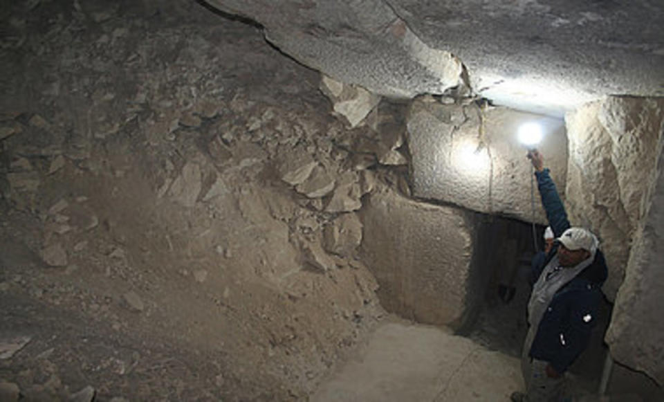 Mohamed Khaled examines the passageways within the pyramid.<p>Mohamed Khaled / Julius-Maximilians-Universität of Würzburg</p>