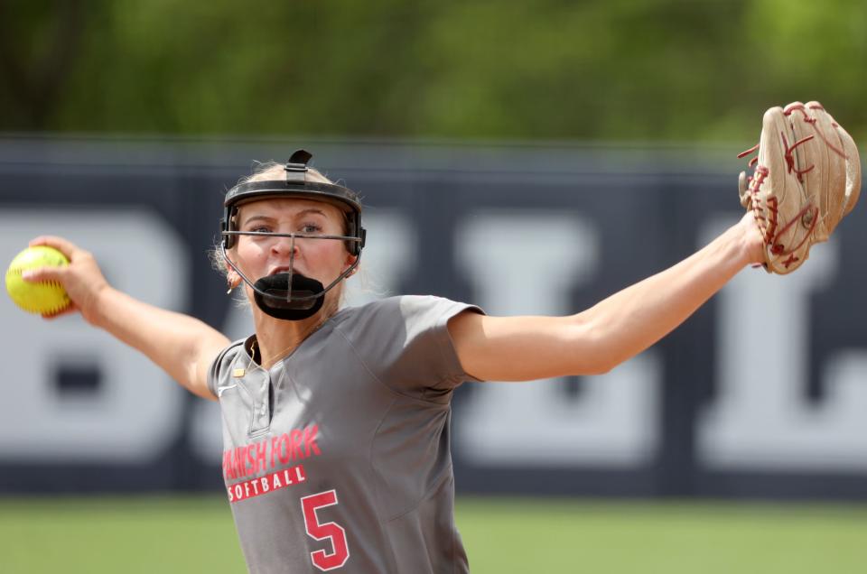 Spanish Fork’s Avery Sapp pitches during the 5A softball championship game against Bountiful at the Miller Park Complex in Provo on Friday, May 26, 2023. Spanish Fork won 8-4. | Kristin Murphy, Deseret News