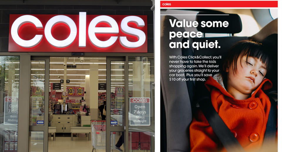 A Coles supermarket (left) and a Coles advertisement showing a child asleep in a carseat (right).