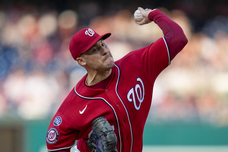 Washington Nationals starting pitcher Patrick Corbin throws during the first inning of a baseball game against the Colorado Rockies at Nationals Park, Monday, July 24, 2023, in Washington. (AP Photo/Alex Brandon)