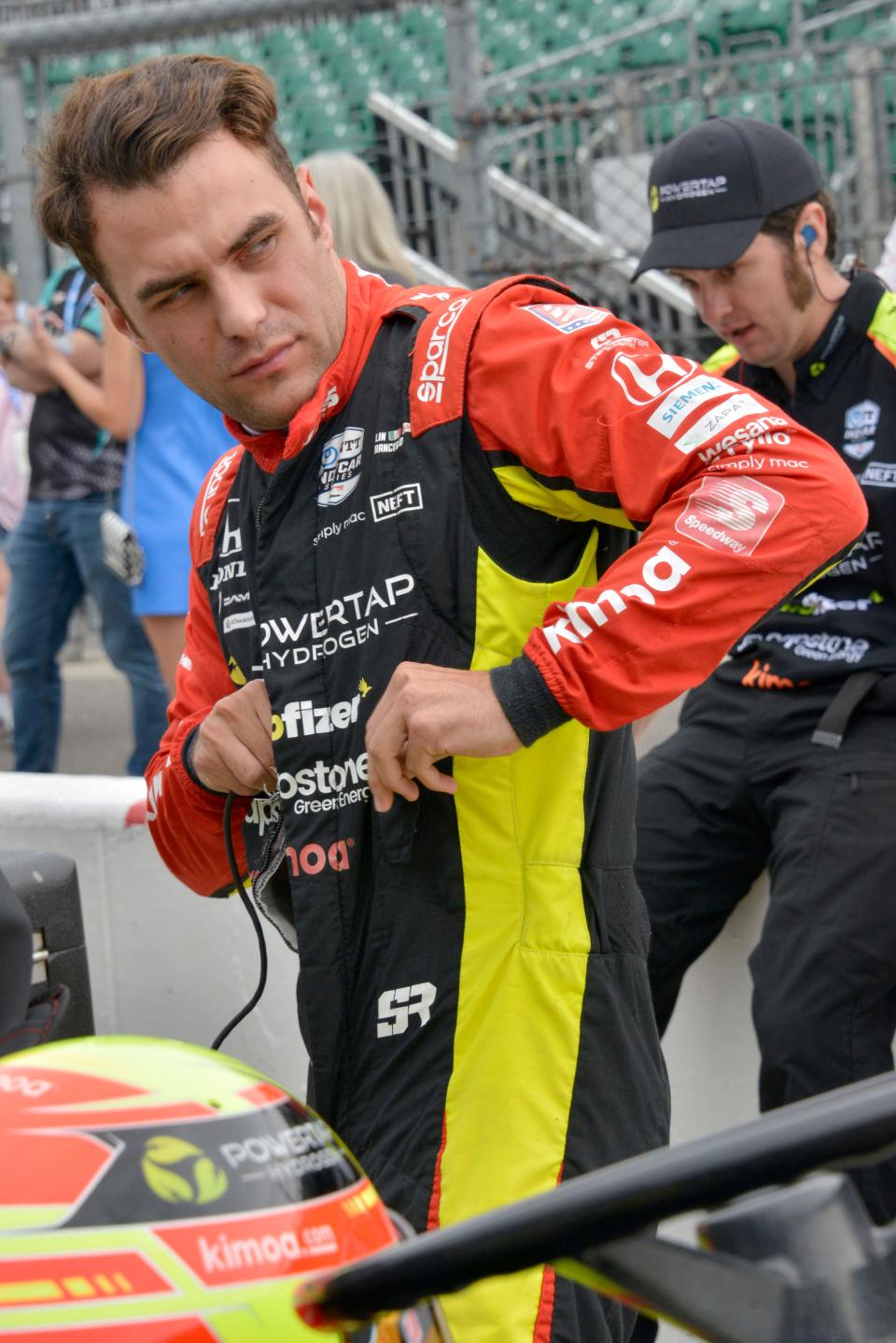 Andretti Steinbrenner Autosport driver Devlin DeFrancesco (29) prepares to get into his car Saturday, May 21, 2022, during the first day of qualifying for the 106th running of the Indianapolis 500 at Indianapolis Motor Speedway