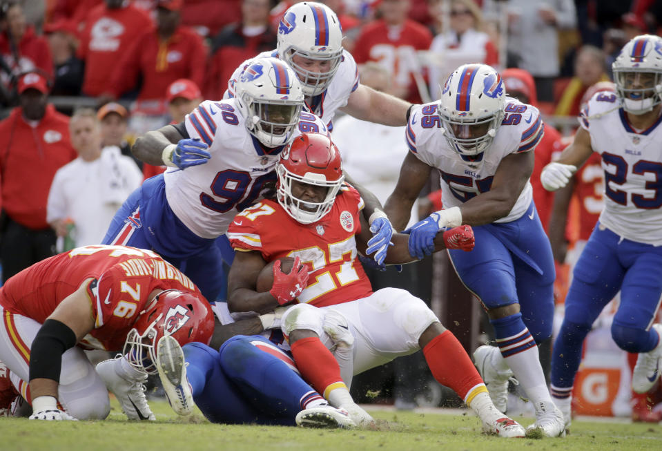 Kansas City Chiefs running back Kareem Hunt (27) is tackled by the Bills during a tough day for the Chiefs offense. (AP)