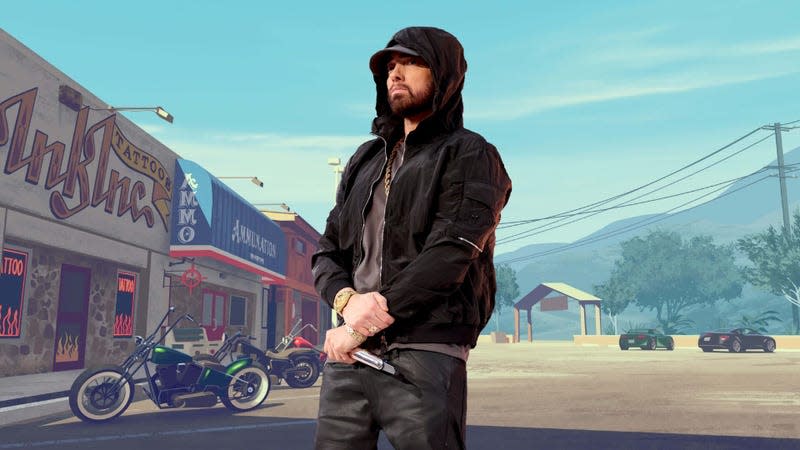 An image of Marshall "Eminem" Mathers III superimposed on a Grand Theft Auto background.