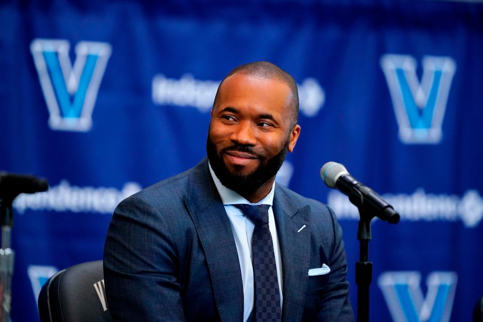 Villanova men's basketball coach Kyle Neptune speaks with members of the media during a news conference in Villanova, Pa., Friday, April 22, 2022.