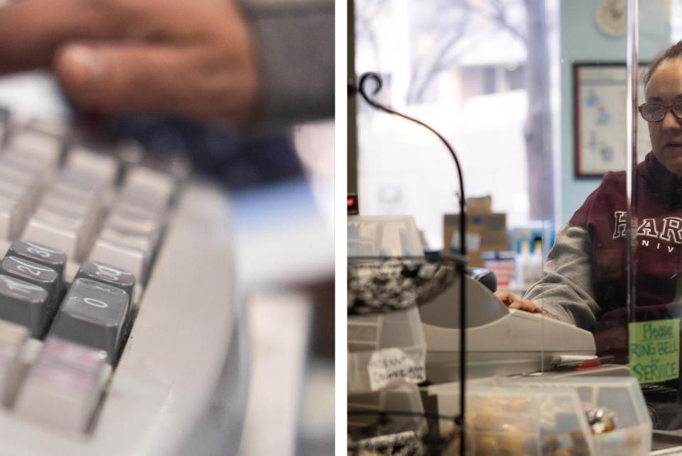 Left: Karla Martinez uses a register equipped by the state that features raised markers and a speaking function. Right: Karla Martinez rings up a customer at the Travis Cafe. <cite>Credit: Maria Crane/The Texas Tribune</cite>