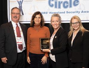 November 17, 2021 – New York, NY – Konica Minolta was presented with a 2021 ‘ASTORS’ Homeland Security Award at American Security Today’s annual ‘ASTORS’ Awards Presentation Luncheon. (L-R) Brian Bullock, Konica Minolta; Catherine Brill, Konica Minolta; Tammy Waitt, American Security Today; Stephanie Keer, Konica Minolta.