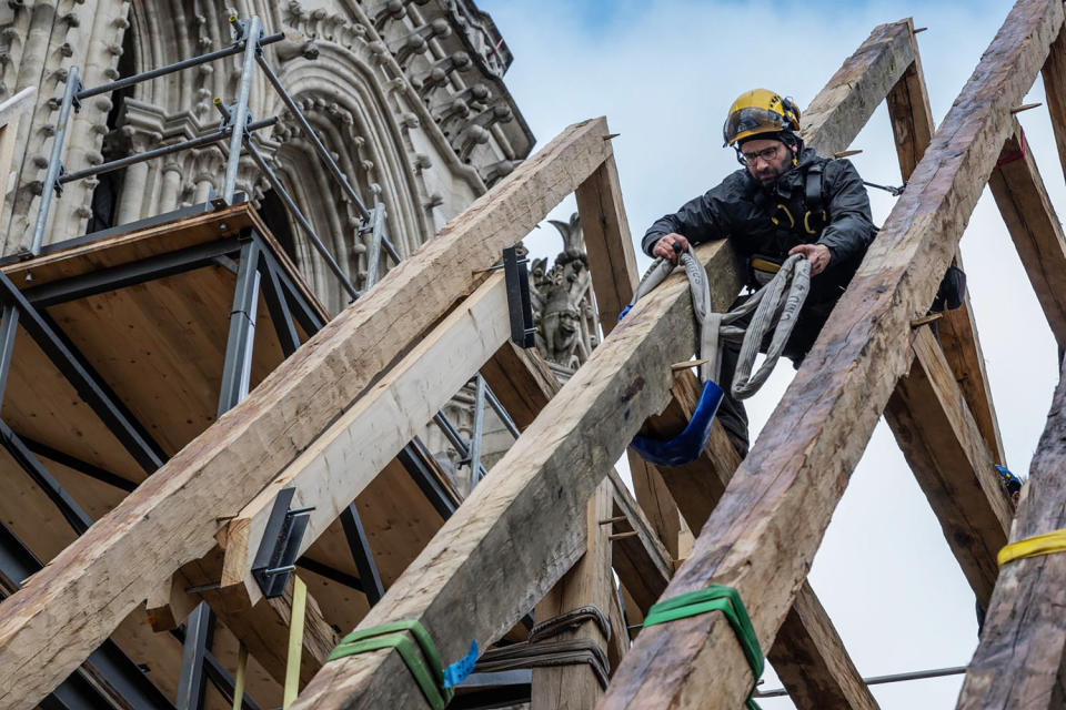 Hank Silver works on restorations at Notre Dame cathedral in Paris.  (Joel Lawrence / NBC News)