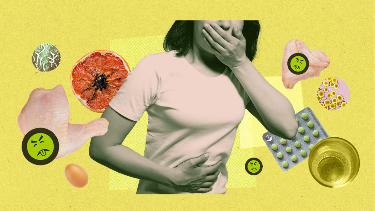 Photo illustration showing a woman gesturing an upset stomach, surrounded by items (food, medicine and green sickness emojis) 