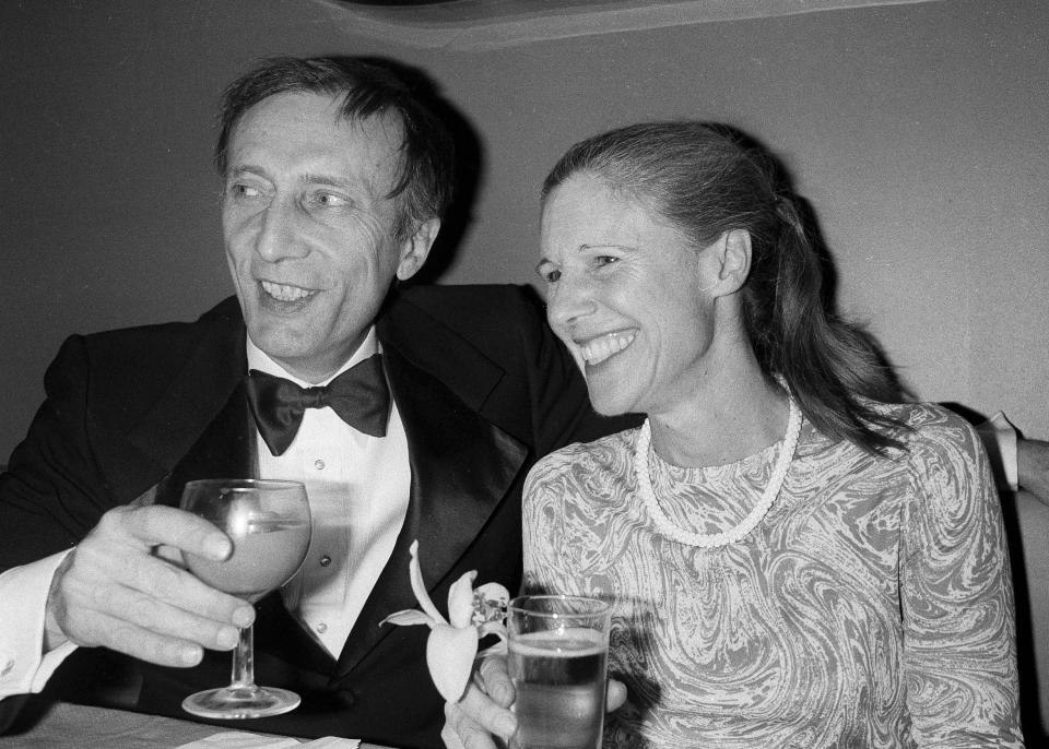 FILE - Actors Tom Aldredge, left, and Frances Sternhagen celebrate the opening of their play "On Golden Pond" in New York on Feb. 28, 1979. Sternhagen, the veteran character actor who won two Tony Awards and became a familiar maternal face to TV viewers later in life in such shows as “Cheers,” “ER,” “Sex and the City” and “The Closer,” has died. She was 93. (AP Photo/G. Paul Burnett, File)