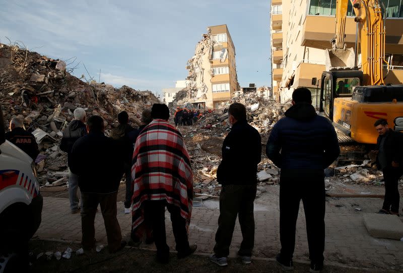 Rescue operations take place on a site after an earthquake struck the Aegean Sea, in the coastal province of Izmir