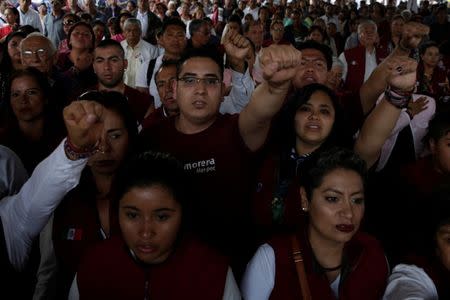 Supporters of Delfina Gomez of the National Regeneration Movement (MORENA), candidate for the governor of the State of Mexico, are seen during her electoral campaign in Metepec, State of Mexico, Mexico May 16, 2017. Picture taken on May 16, 2017. REUTERS/Carlos Jasso