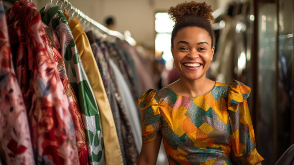 A smile from a customer wearing a beautiful dress made from quality fabrics.