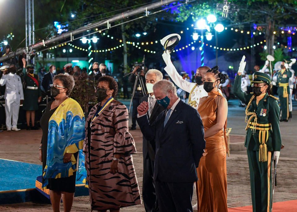 (From left) Prime Minister Mia Amor Mottley, President of Barbados Sandra Mason, National Hero Sir Garfield Sobers, Prince Charles and Rihanna look on during the Three Cheers to Barbados at the ceremony to declare Barbados a Republic.   (Randy Brooks / AFP via Getty Images)