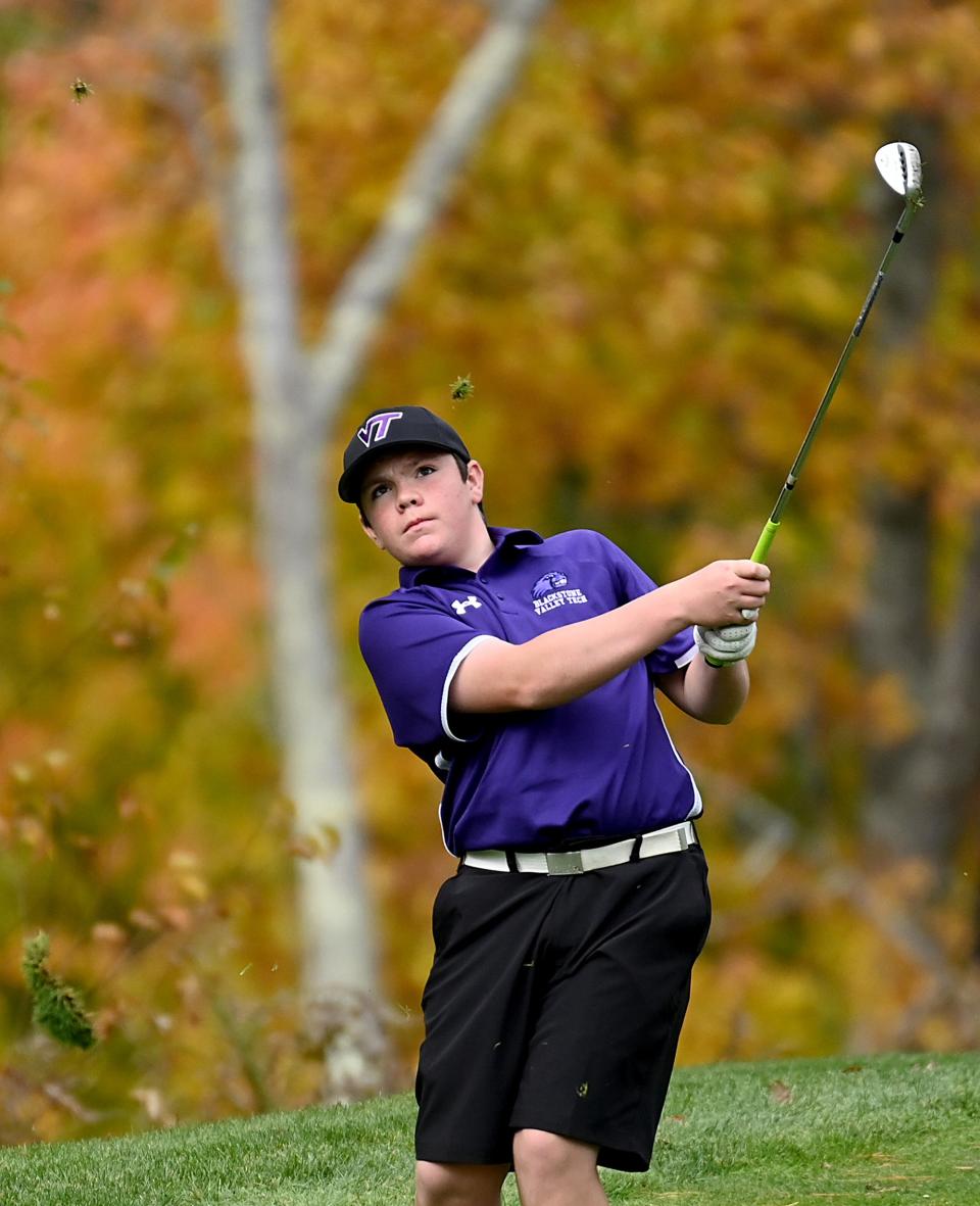 Blackstone Valley Tech's Connor Griffin follows through on a drive during the MIAA Division 3 boys golf state championship at Shining Rock Golf Club in Northbridge, Nov. 2, 2021.  