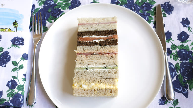 Tea sandwiches, one on rye