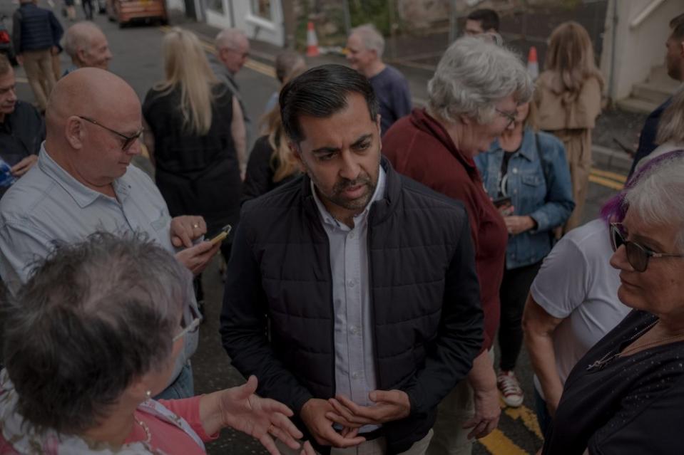 Yousaf speaks to supporters outside the SNP office in Largs, Scotland, on Aug. 23.<span class="copyright">Gabriella Demczuk for TIME</span>