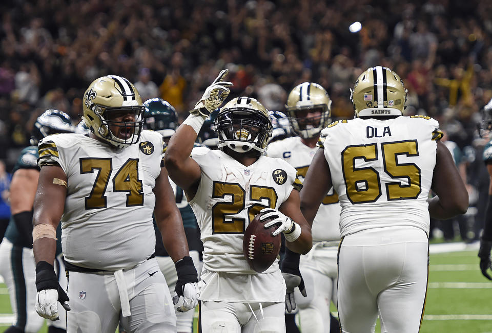 New Orleans Saints running back Mark Ingram (22) celebrates his touchdown in the second half of an NFL football game against the Philadelphia Eagles in New Orleans, Sunday, Nov. 18, 2018. (AP Photo/Bill Feig)