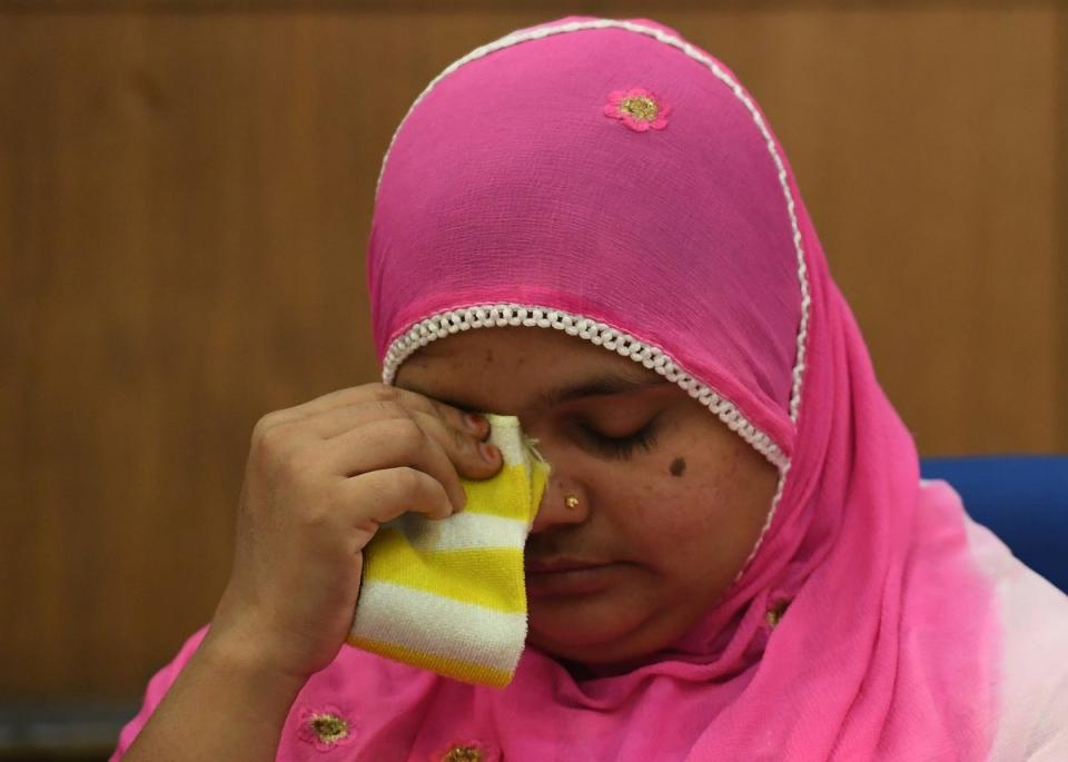 Indian rape survivor Bilkis Bano reacts during a press conference in Delhi on 8 May 2017 (AFP via Getty Images)