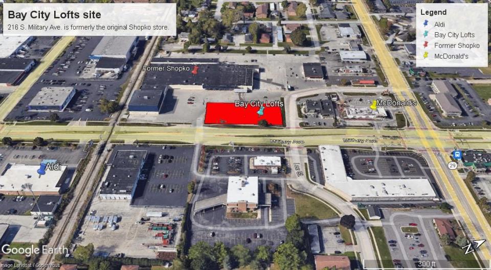 An overhead view of the former Shopko building at 216 S. Military Ave. with rough location, in red, where a Madison developer wanted to build affordable, accessible housing. The Green Bay City Council voted down the development plans on March 21.