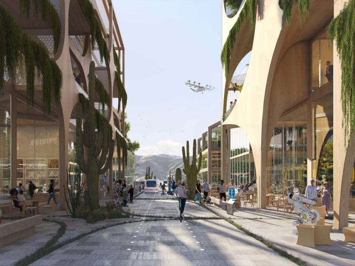 Rendering of futuristic street in Telosa, a city created by Marc Lore