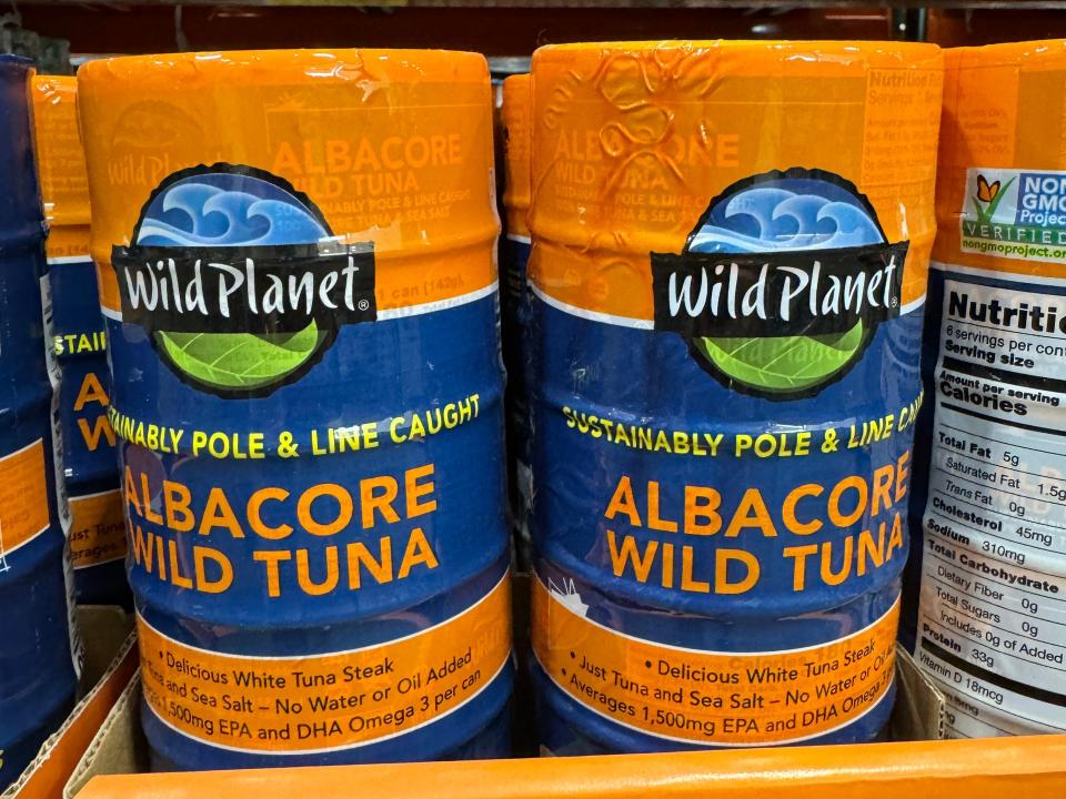 Wild Planet canned tuna wrapped in stacks on display at Costco