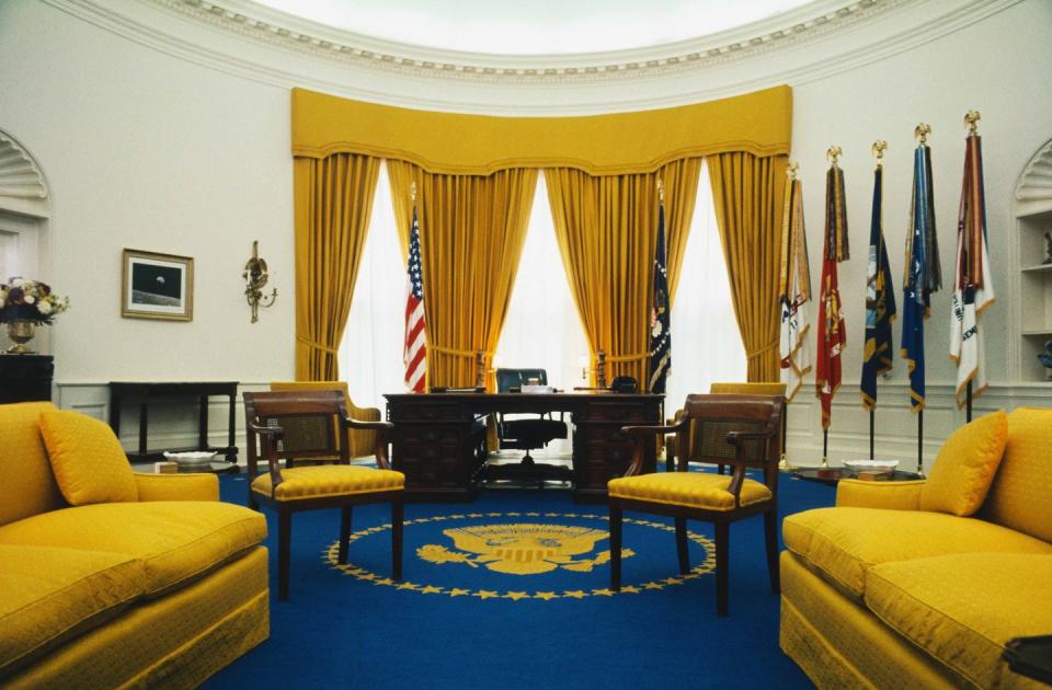 <p>President Richard Nixon used a rug designed by his wife that featured the presidential seal in gold on a flag blue background.</p>