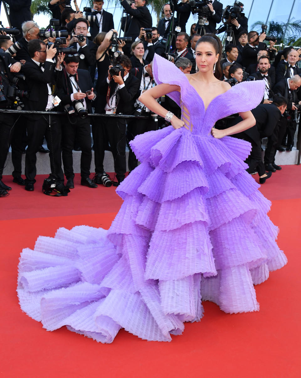 The actress attends the screening of "Rocketman" wearing a gown by Michael Cinco.