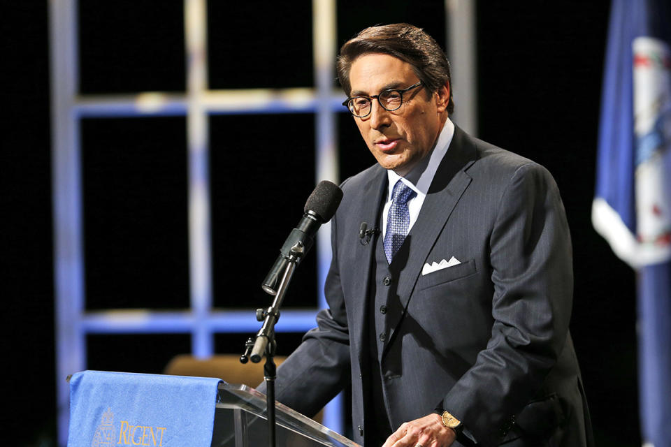 FILE - In this Oct. 23, 2015, file photo, Jay Sekulow, Chief Counsel of the American Center for Law and Justice, introduces Republican presidential candidate former Florida Gov. Jeb Bush during a Presidential candidate forum with Rev. Pat Robertson at Regent University in Virginia Beach, Va. In his testimony to Congress on Feb. 27, 2019, Michael Cohen said that Sekulow, who was serving as one of President Trump's lawyers, reviewed his false congressional testimony and made changes pertaining to what he was going to say, 