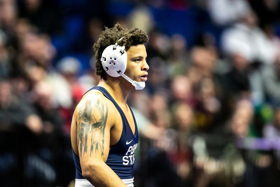 Penn State's Greg Kerkvliet wrestles at 285 pounds during the second session of the NCAA Division I Wrestling Championships, Thursday, March 16, 2023, at BOK Center in Tulsa, Okla.