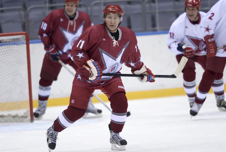 Russian President Putin takes part in a friendly ice hockey match in the Bolshoi Ice Palace near Sochi