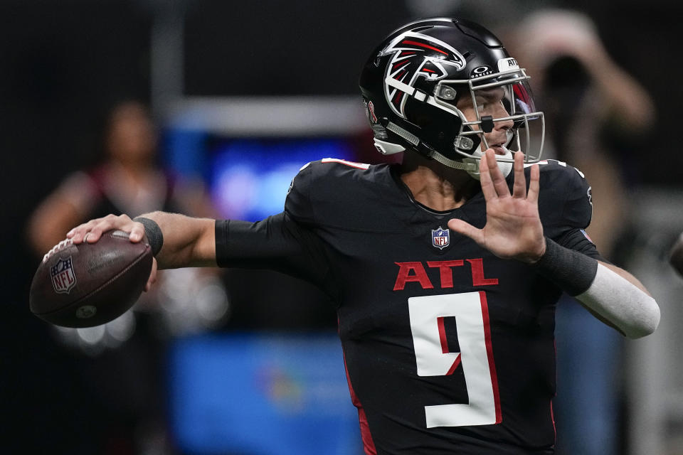 Atlanta Falcons quarterback Desmond Ridder (9) passes the ball from the pocket against the Carolina Panthers during the first half of an NFL football game, Sunday, Sept. 10, 2023, in Atlanta. (AP Photo/John Bazemore)