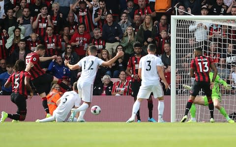 Bournemouth's Chris Mepham (left) scores his side's first goal of the game during the Premier League match at the Vitality Stadium, Bournemouth. PRESS ASSOCIATION Photo. Picture date: Saturday August 10, 2019. See PA story SOCCER Bournemouth. Photo credit should read: Mark Kerton/PA Wire. RESTRICTIONS: EDITORIAL USE ONLY No use with unauthorised audio, video, data, fixture lists, club/league logos or "live" services. Online in-match use limited to 120 images, no video emulation. No use in betting, games or single club/league/player publications - Credit: PA