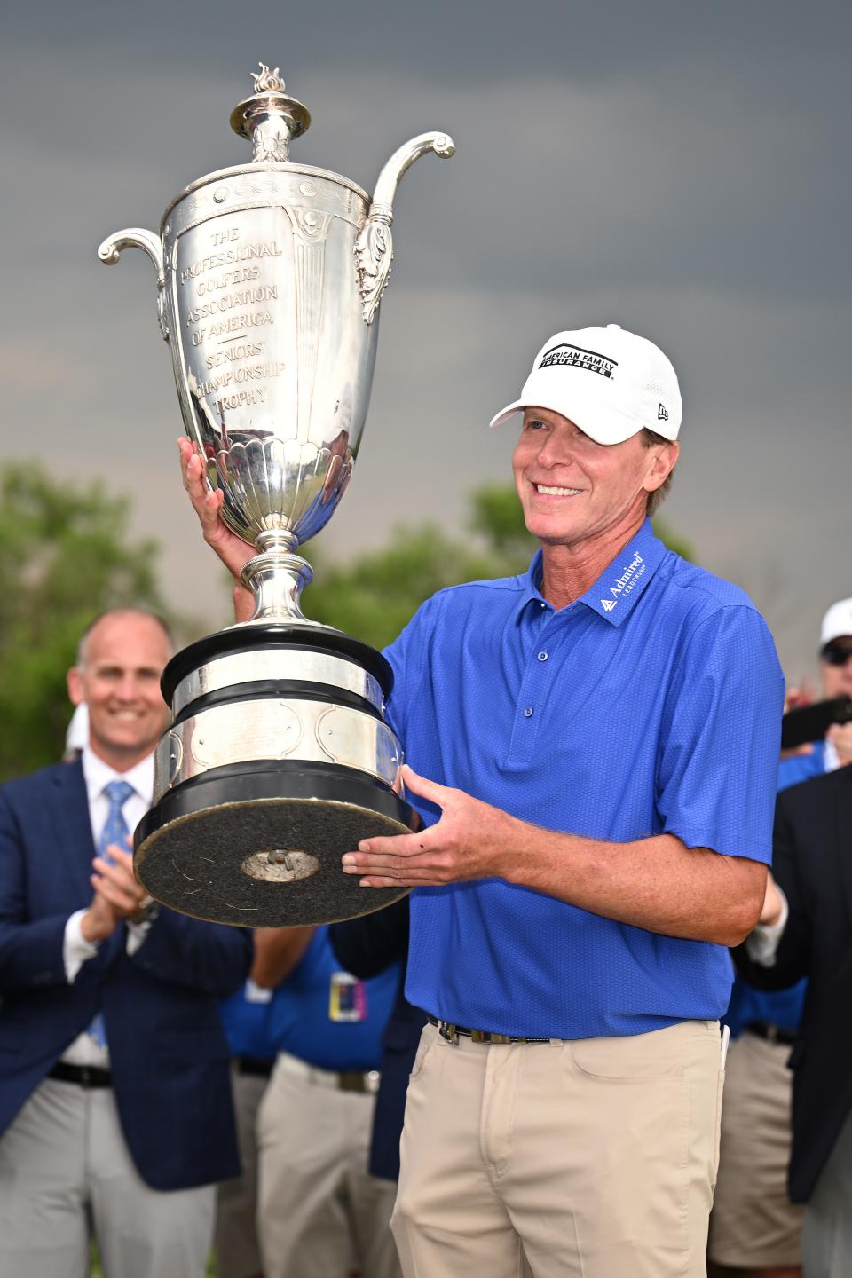 FRISCO, TEXAS - MAY 28: Steve Stricker of the United States poses with the Alfred S. Bourne Trophy during the final round of the KitchenAid Senior PGA Championship at Fields Ranch East at PGA Frisco on May 28, 2023 in Frisco, Texas. (Photo by Orlando Ramirez/Getty Images)