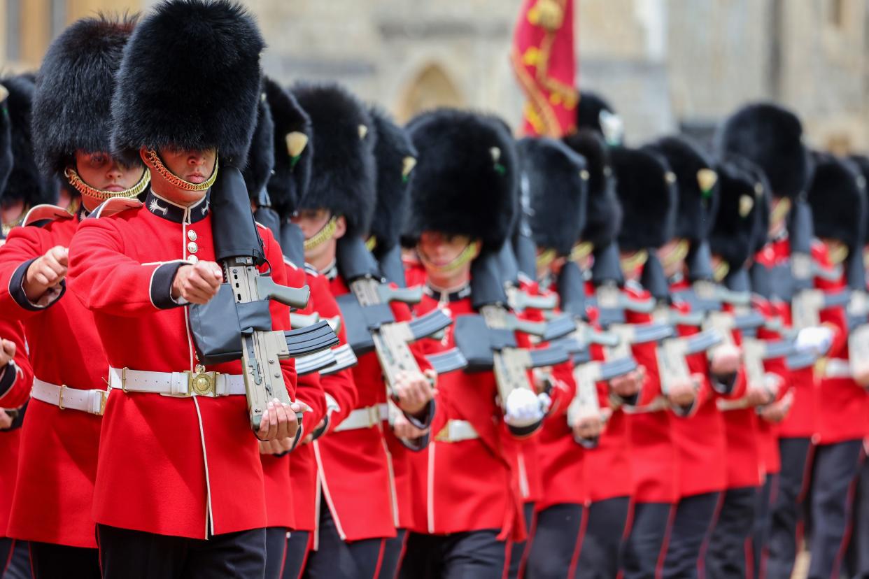 The Prince of Wales’s Company of the Welsh Guards arrives ahead of a meeting between King Charles III and Joe Biden (PA)