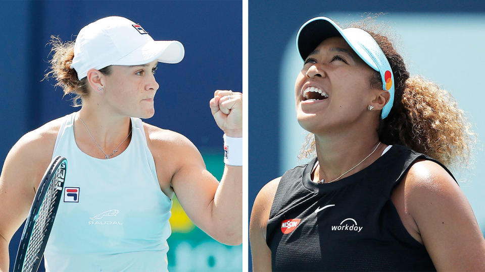 Ash Barty (pictured left) celebrating a win at the Miami Open and Naomi Osaka (pictured right) frustrated after losing.