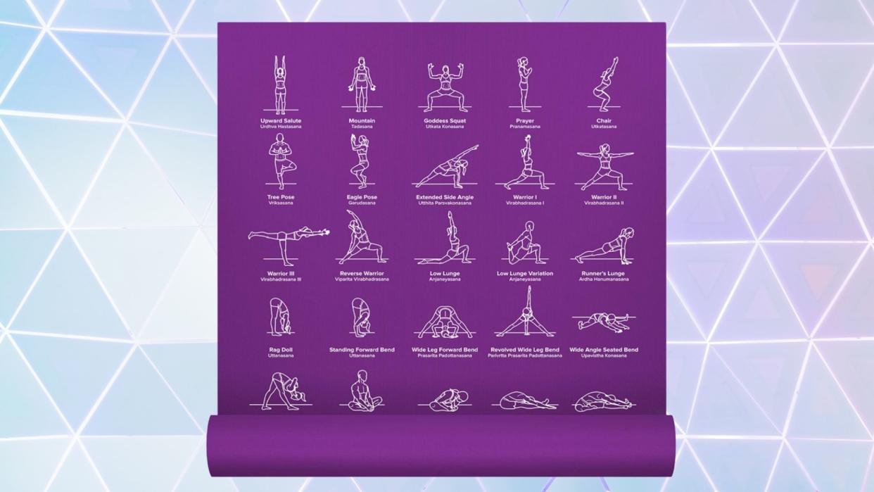 Purple yoga mat with yoga pose illustrations.