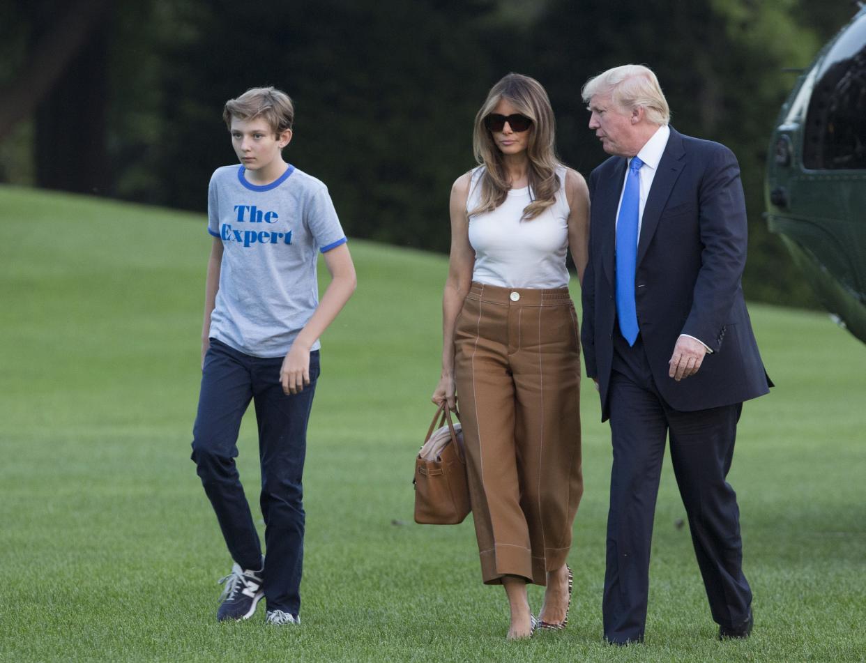 President Trump, first lady Melania Trump and their son Barron Trump arrive at the White House June 11, 2017 in Washington, DC..