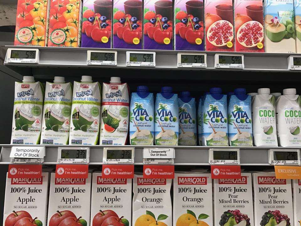 Coconut water brands sold at a supermarket in Singapore (Photo: Yahoo Lifestyle Singapore)