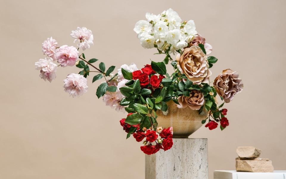 Perfect state: ’Koko Loko’, ‘Red Drift’, ‘Cecile Brunner’ and ‘Gourmet Popcorn’ roses from Ikebana Unbound - M.K. Sadler