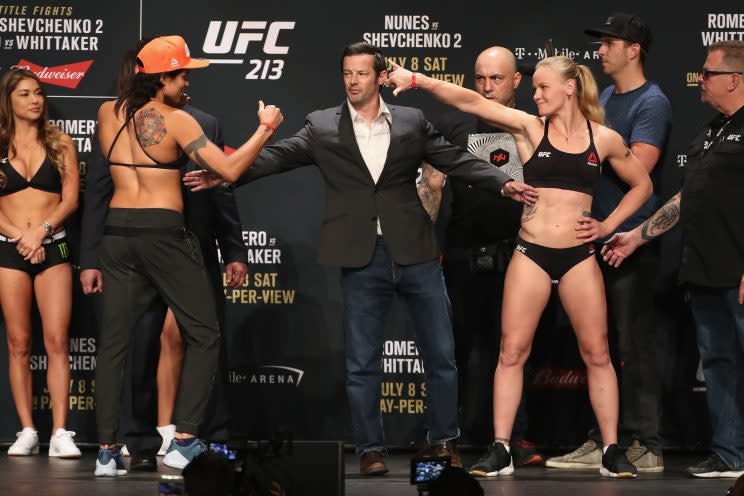 Amanda Nunes (L) and Valentina Shevchenko pose at Friday’s ceremonial weigh-in prior to UFC 213. (Getty Images)