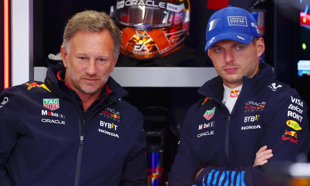 <span>Christian Horner (left) and Max Verstappen have yet to find a solution to the Red Bull car’s problems.</span><span>Photograph: Bryn Lennon/Formula 1/Getty Images</span>