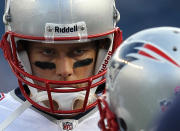 Tom Brady #12 of the New England Patriots prepares before a game against the Dallas Cowboys at Gillette Stadium on October 16, 2011 in Foxboro, Massachusetts. The Patriots won 20-16. (Photo by Jim Rogash/Getty Images)