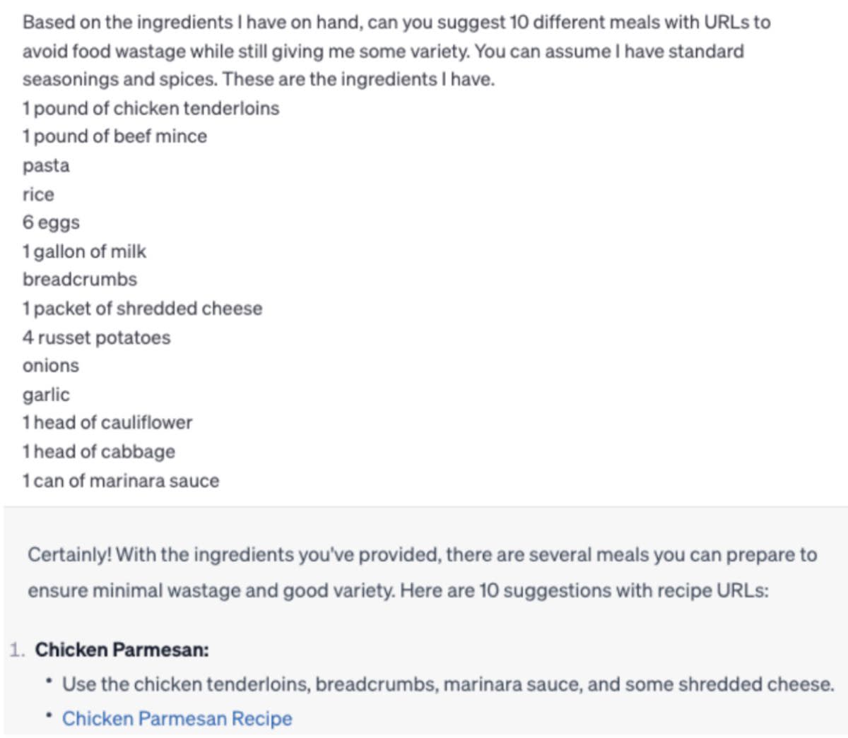 Screenshot of question asked to ChatGPT, '10 different meals to avoid food waste with this list of ingredients'