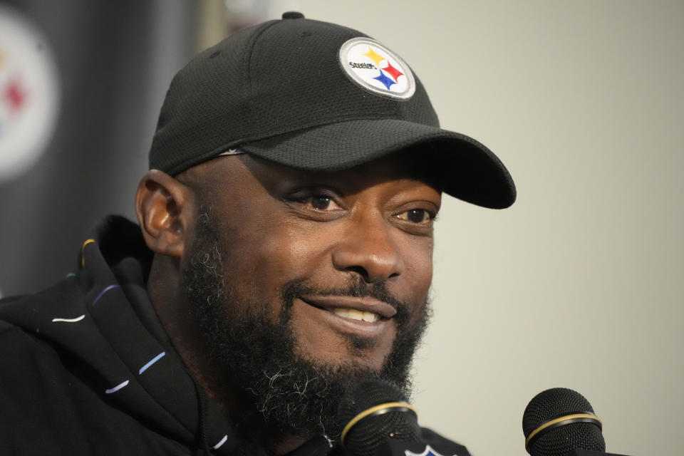 Pittsburgh Steelers head coach Mike Tomlin answers a question at a news conference after an NFL football game against the Baltimore Ravens, in Pittsburgh, Sunday, Oct. 8, 2023. (AP Photo/Gene J. Puskar)