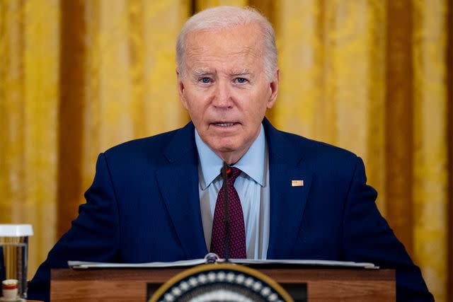 <p>Andrew Harnik/Getty </p> President Joe Biden speaks during a trilateral meeting with Japanese Prime Minister Fumio Kishida and Filipino President Ferdinand Marcos on April 11, 2024