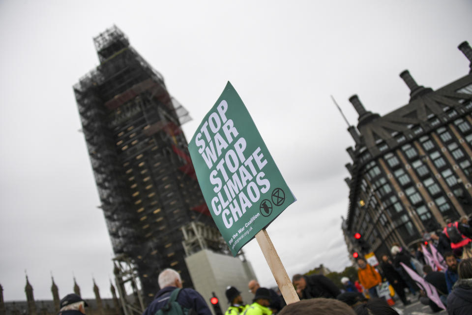 Demonstrators gather on Westminster Bridge in London, during an Extinction Rebellion protest, Monday, Oct. 7, 2019. (Photo: Alberto Pezzali/AP)